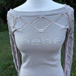 Vintage Deadstock Bebe Metallic Cutout Logo Top Rhinestone Womens M/L Beige